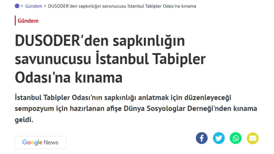 DUSODER\'den sapkınlığın savunucusu İstanbul Tabipler Odası\'na kınama